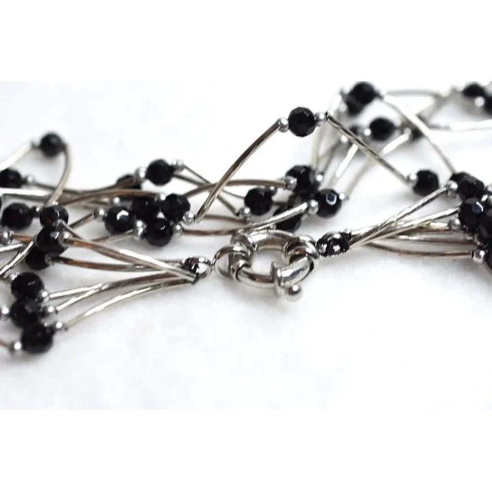 Vtg Captivating Multi Strand Silver Tone Tube Black Faux Pearl Bib 20